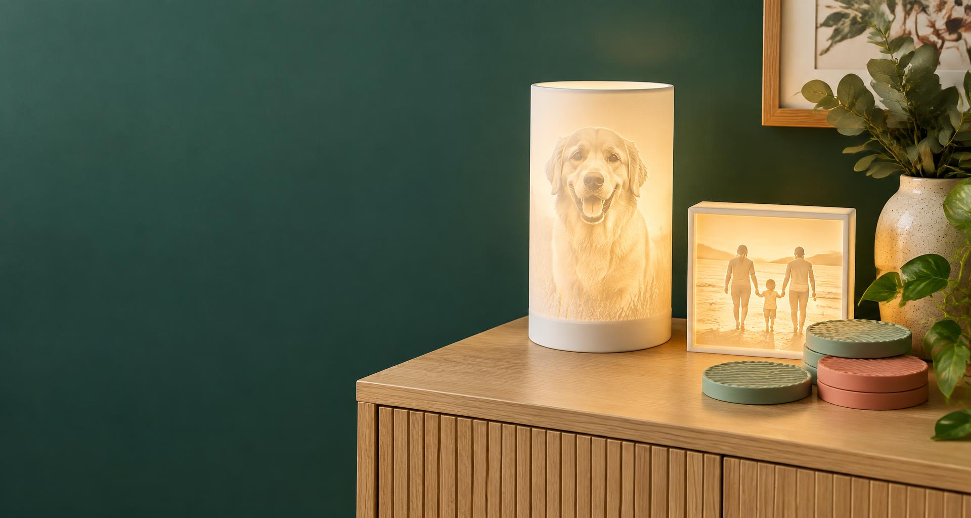 Personalised photo lamp, light box and colourful printed coasters